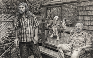 Image of the charcoal drawing, The Andersons on their Deck in Garden City by Edgar Jerins.